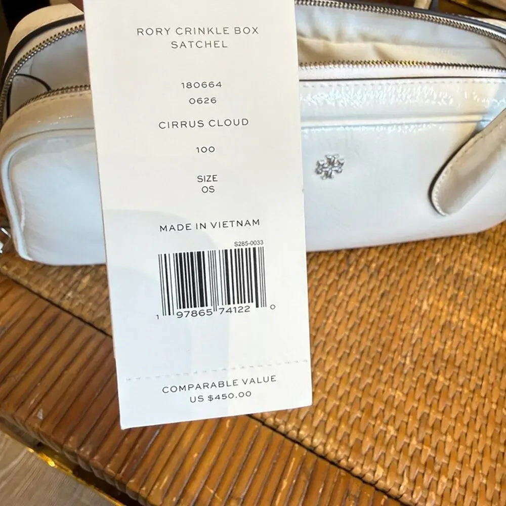 Tory Burch Rory Novelty Crinkle Box Satchel 180664 $450 Cirrus Cloud